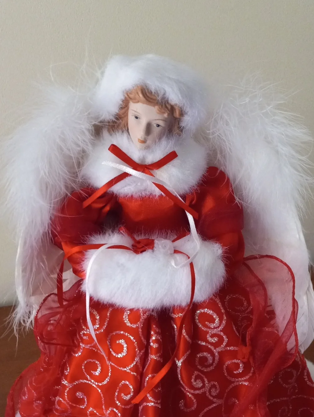 Red and White Angel Tree Topper - Sparkle Swirl Dress